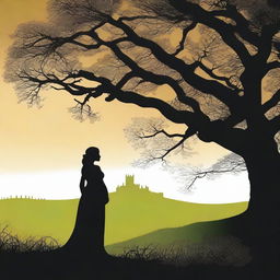 A silhouette of a pregnant woman dressed as a medieval character, standing near an oak tree