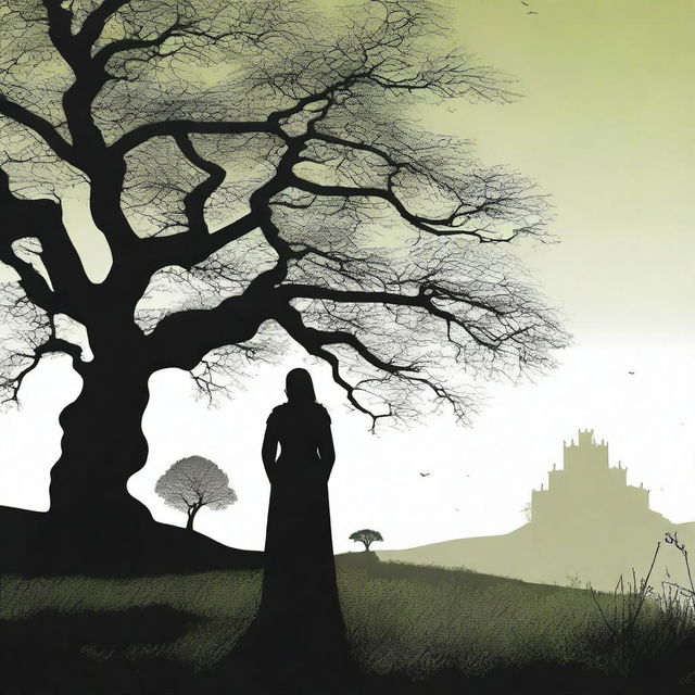 A silhouette of a pregnant woman dressed as a medieval character, standing near an oak tree