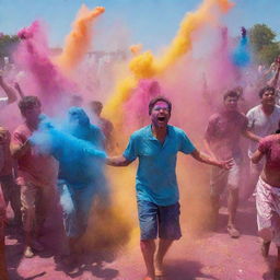 A vibrant, joyful portrayal of the Holi Festival where crowds of people are throwing and smeared in colorful powders, with splashes of water, under a clear blue sky.