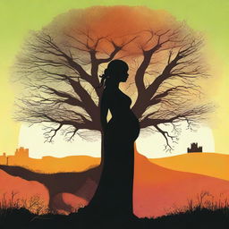 The silhouette of a pregnant woman dressed as a medieval character, standing near an oak tree