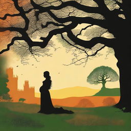 The silhouette of a pregnant woman dressed as a medieval character, standing near an oak tree