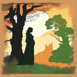 The silhouette of a pregnant woman dressed as a medieval character, standing near an oak tree