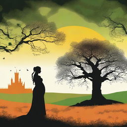 The silhouette of a pregnant woman dressed as a medieval character, standing near an oak tree