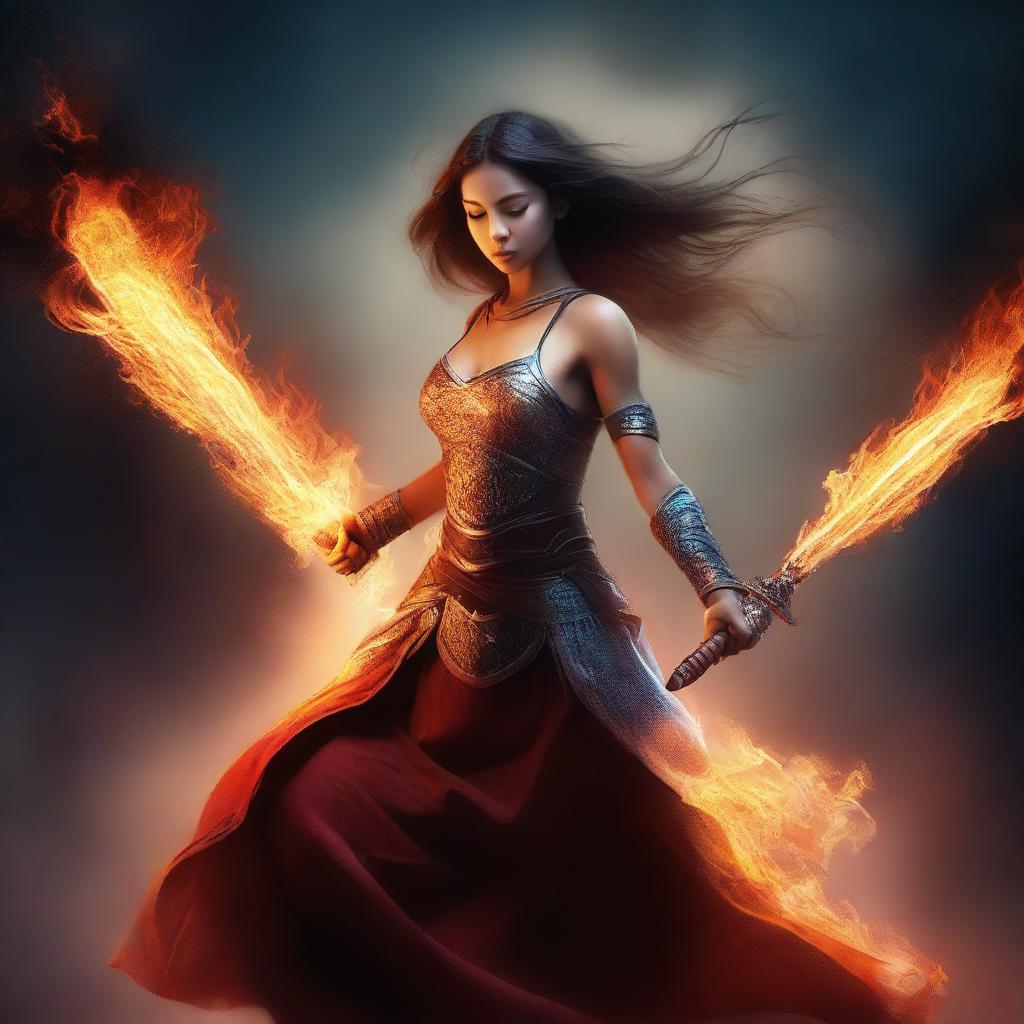 Create a book cover featuring a warrior girl dancing with a flame sword