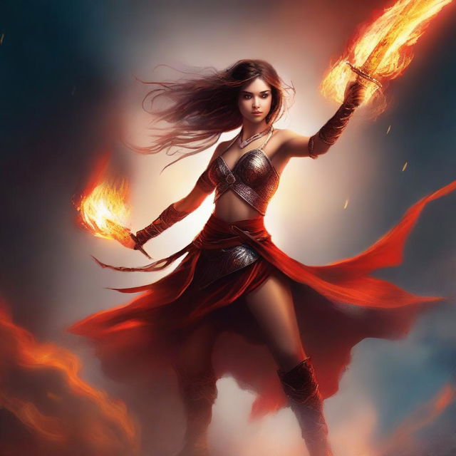 Create a book cover featuring a warrior girl dancing with a flame sword