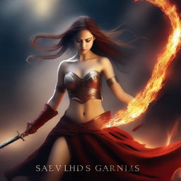 Create a book cover featuring a warrior girl dancing with a flame sword