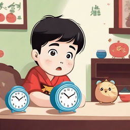 A young boy named Xiao Ming has just arrived home and sees an ugly alarm clock on the table