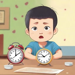 A young boy named Xiao Ming has just arrived home and sees an ugly alarm clock on the table