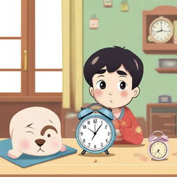 A young boy named Xiao Ming has just arrived home and sees an ugly alarm clock on the table