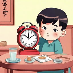 A young boy named Xiao Ming has just arrived home and sees an ugly alarm clock on the table