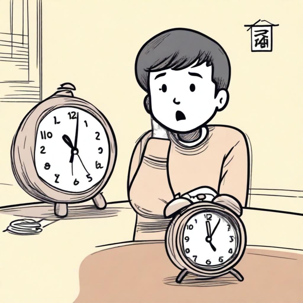 A hand-drawn style illustration of a young boy named Xiao Ming who has just arrived home and sees an ugly alarm clock on the table