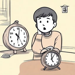 A hand-drawn style illustration of a young boy named Xiao Ming who has just arrived home and sees an ugly alarm clock on the table