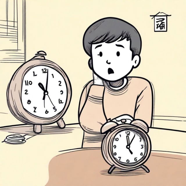 A hand-drawn style illustration of a young boy named Xiao Ming who has just arrived home and sees an ugly alarm clock on the table