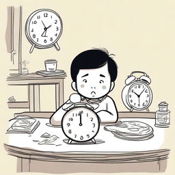 A hand-drawn style illustration of a young boy named Xiao Ming who has just arrived home and sees an ugly alarm clock on the table