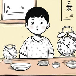 A hand-drawn style illustration of a young boy named Xiao Ming who has just arrived home and sees an ugly alarm clock on the table