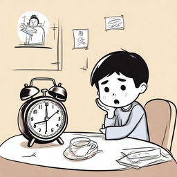 A hand-drawn style illustration of a young boy named Xiao Ming who has just arrived home and sees an ugly alarm clock on the table