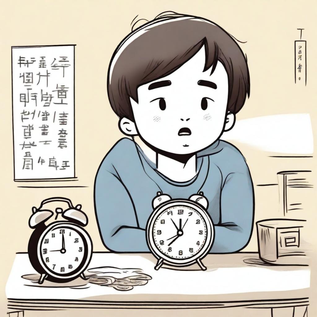 A hand-drawn style illustration of a young boy named Xiao Ming who has just arrived home and sees an ugly alarm clock on the table