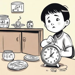 A hand-drawn style illustration of a young boy named Xiao Ming who has just arrived home and sees an ugly alarm clock on the table