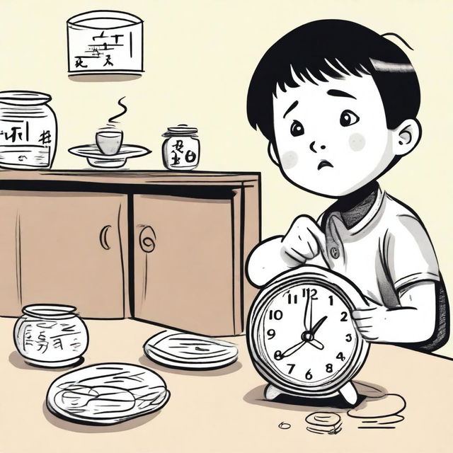 A hand-drawn style illustration of a young boy named Xiao Ming who has just arrived home and sees an ugly alarm clock on the table