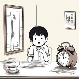 A hand-drawn style illustration of a young boy named Xiao Ming who has just arrived home and sees an ugly alarm clock on the table