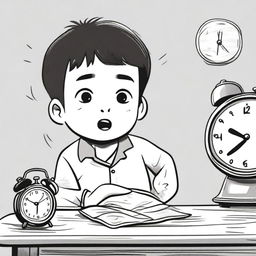 A hand-drawn style illustration of a young boy named Xiao Ming who has just arrived home and sees an ugly alarm clock on the table