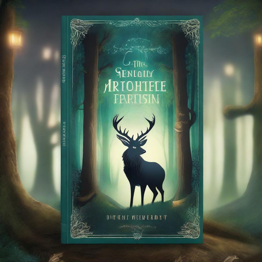 A captivating book cover design featuring an enchanted forest with towering trees and magical creatures