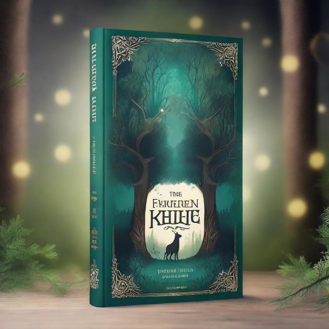 A captivating book cover design featuring an enchanted forest with towering trees and magical creatures