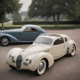 Bugatti cars reimagined into a 1940s vintage style, blending Bugatti's classic aerodynamic designs with the elegant, curvy aesthetics of 1940s cars.