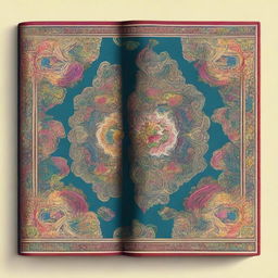 Create a colorful antique book cover featuring intricate designs and patterns