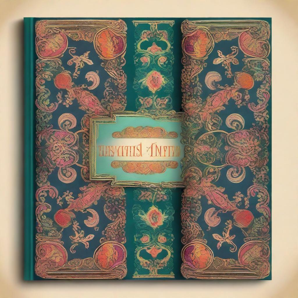 A colorful antique book cover with intricate designs, ornate patterns, and vintage elements