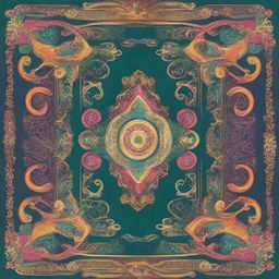 A colorful antique book cover with intricate designs, ornate patterns, and vintage elements