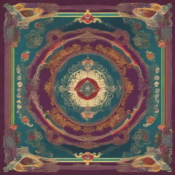 A colorful antique book cover with intricate designs, ornate patterns, and vintage elements