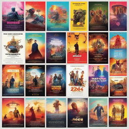 Create a vibrant and eye-catching poster showcasing all the new upcoming movies in 2024