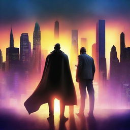 Create a captivating movie cover featuring a dramatic scene with a hero and a villain facing off