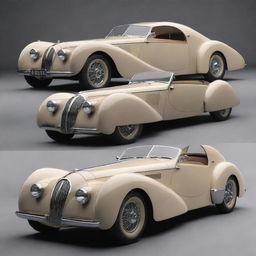 Bugatti cars reimagined into a 1940s vintage style, blending Bugatti's classic aerodynamic designs with the elegant, curvy aesthetics of 1940s cars.