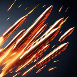 Generate an image of blazing bullets flying through the air with fiery trails