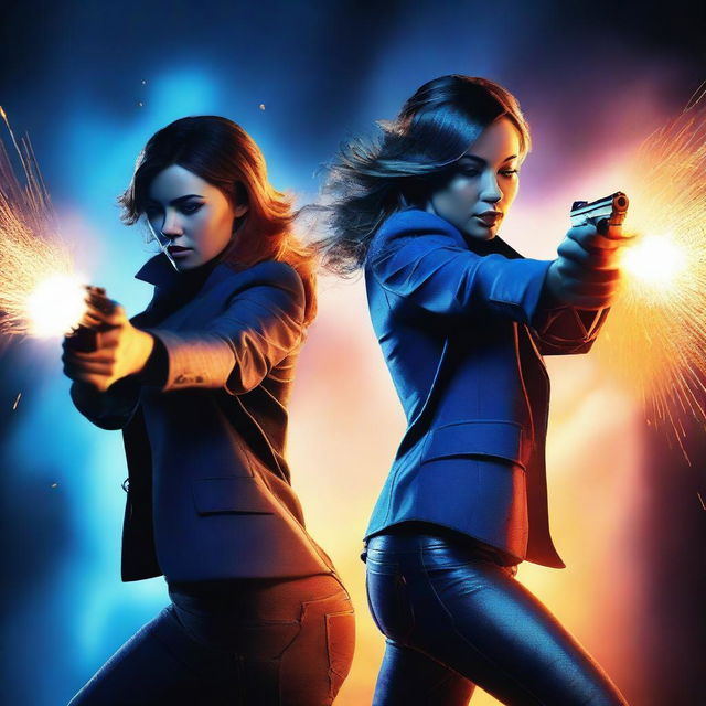 Generate an image featuring two women shooting blazing bullets with fiery trails, all in shades of blue