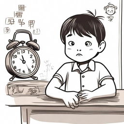 A hand-drawn style illustration of a young boy named Xiao Ming who has just arrived home and sees an ugly alarm clock on the table