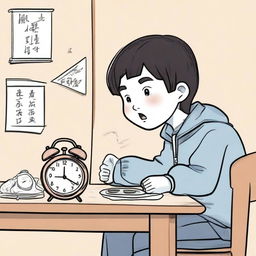 A hand-drawn style illustration of a young boy named Xiao Ming who has just arrived home and sees an ugly alarm clock on the table