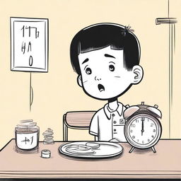 A hand-drawn style illustration of a young boy named Xiao Ming who has just arrived home and sees an ugly alarm clock on the table