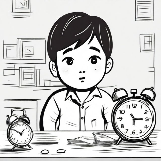 A hand-drawn style illustration of a young boy named Xiao Ming who has just arrived home and sees an ugly alarm clock on the table