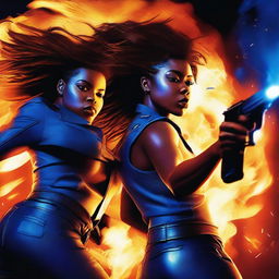 Generate an image featuring two black women shooting blazing bullets with fiery trails, all in shades of blue