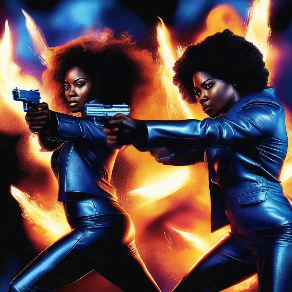 Generate an image featuring two black women shooting blazing bullets with fiery trails, all in shades of blue