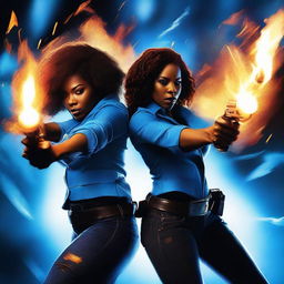 Generate an image featuring two black women shooting blazing bullets with fiery trails, all in shades of blue