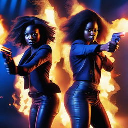 Generate an image featuring two black women shooting blazing bullets with fiery trails, all in shades of blue