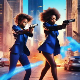 Generate an image featuring two black women shooting blazing bullets with fiery trails, all in shades of blue, in a city background