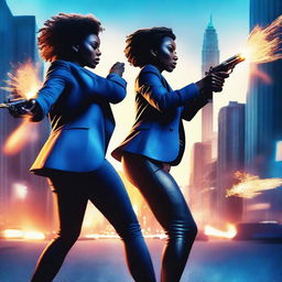 Generate an image featuring two black women shooting blazing bullets with fiery trails, all in shades of blue, in a city background