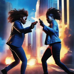 Generate an image featuring two black women shooting blazing bullets with fiery trails, all in shades of blue, in a city background