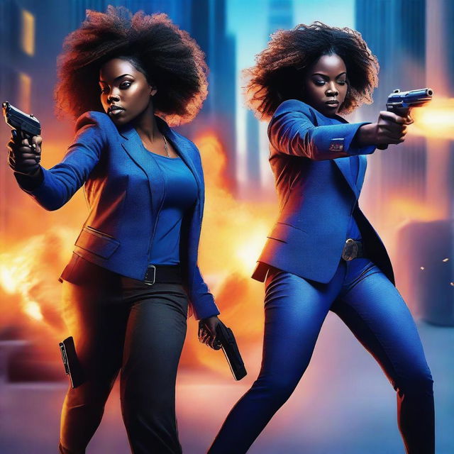 Generate an image featuring two black women shooting blazing bullets with fiery trails, all in shades of blue, in a city background