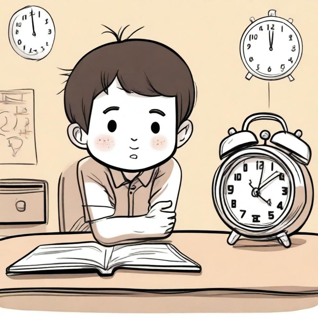 A hand-drawn style illustration of a young boy named Xiao Ming who has just entered his home and sees an ugly alarm clock on the table